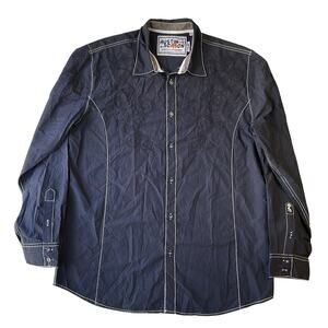 Austin Season Men Button Up Shirt XL Navy Scrollwork Embroidery Western LongSlee